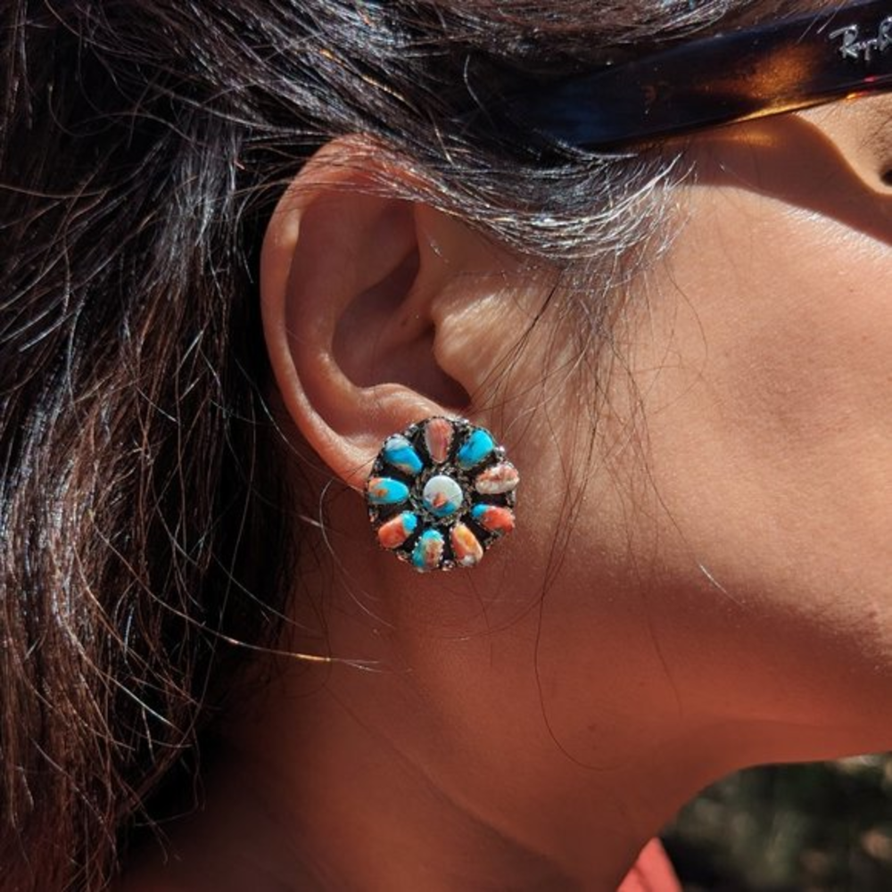 Navajo Composite Slab Turquoise Cluster Push Back‎ Earring Native American***